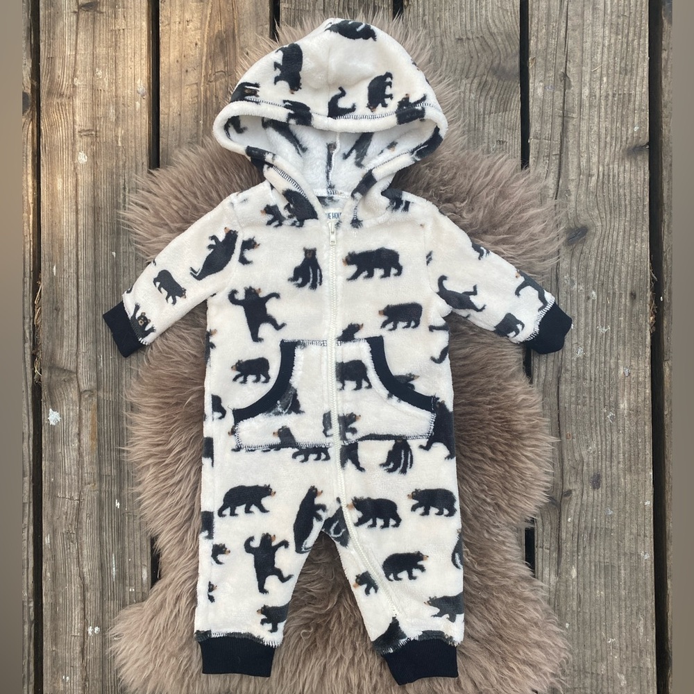 Little Blue House Hooded Fleece Bunting - White with Black Bears, Size 3-6m